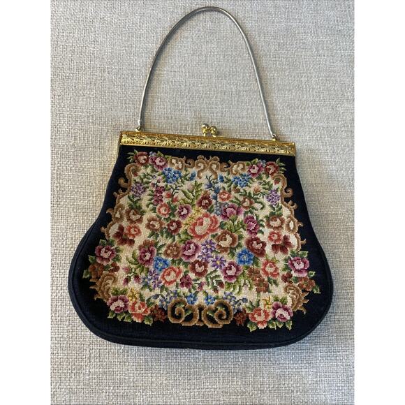 Vintage Petit Point Embroidered Tapestry Purse Handbag Floral Clutch Kisslock - Picture 5 of 12